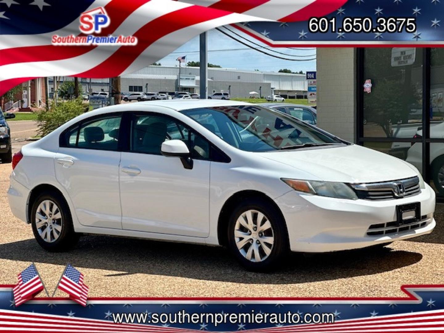 2012 WHITE HONDA CIVIC LX LX (2HGFB2F51CH) with an 1.8L L4 SOHC 16V engine, 5-Speed Automatic transmission, located at 922 W. Beacon St., Philadelphia, MS, 39350, (601) 650-3675, 32.770447, -89.127151 - Title: 2012 Honda Civic LX Sedan Year: 2012 Make: Honda Model: Civic Engine: 1.8L L4 SOHC 16V Body: SEDAN 4-DR Transmission: 5-Speed Automatic Drive Type: FWD Mpg City: 28 Mpg: 39 Trim: LX Sedan - Photo#0